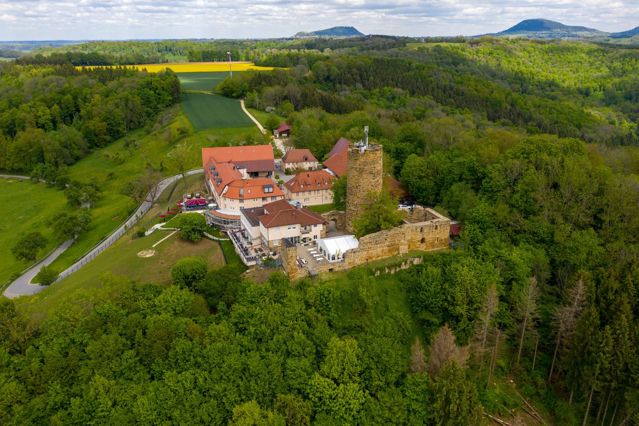Die Anlage im Wald, aus der Ferne aufgenommen; am Horizont der Hohenstaufen, links ein Rapsfeld